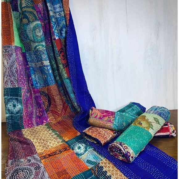 Sevya Handmade Upcycled Silk Sari Kantha Throw - Picture 1 of 3